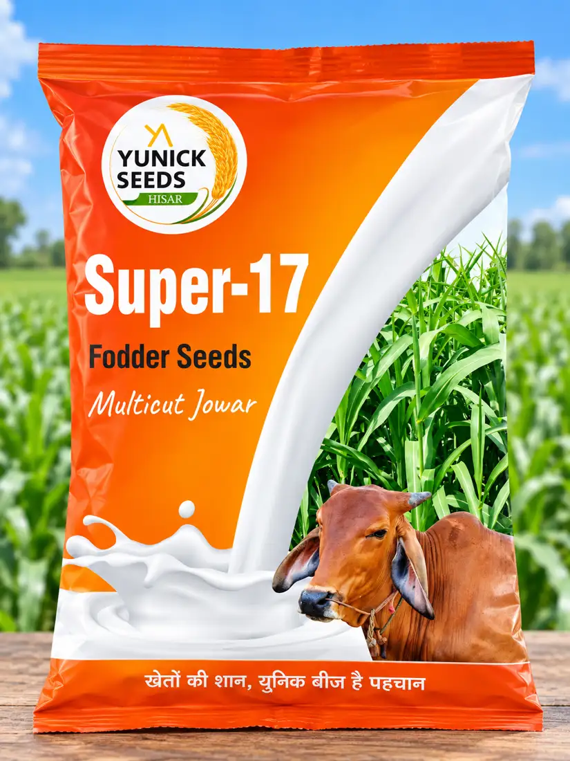 Super-17 multicut jowar fodder seed packet with a dairy cow